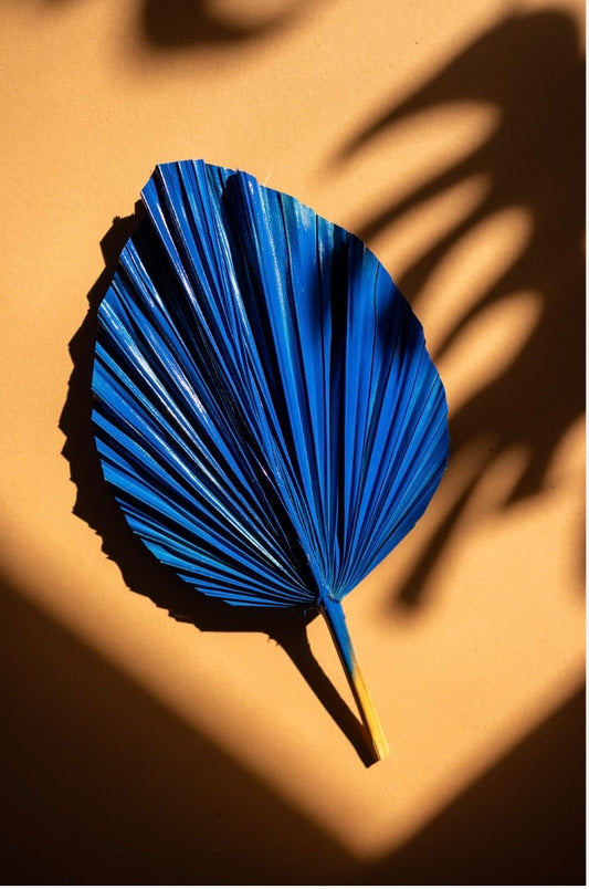 Royal Cobalt Blue Hand Painted Palm Leaves, Set of 3 Spear Leaves for Centerpiece Arrangements, Exotic Decoration, DIY Wedding Party Decor