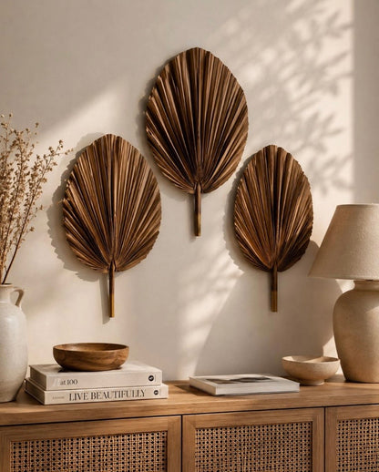SET Of THREE Chocolate Brown Hand Painted Palm Spear Leaves, 3 Piece Natural Dried Leaves for DIY Decorations, Organic Natural Home Decor