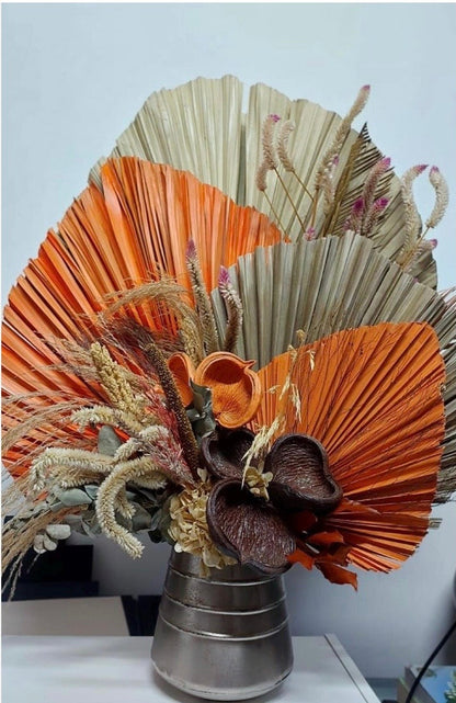 14” Burnt Orange Dried Palm Leaves Set of 3, Fall Boho Decor, Painted Palm Fronds, Autumn Wedding Centerpiece, Tropical Vase Fillers