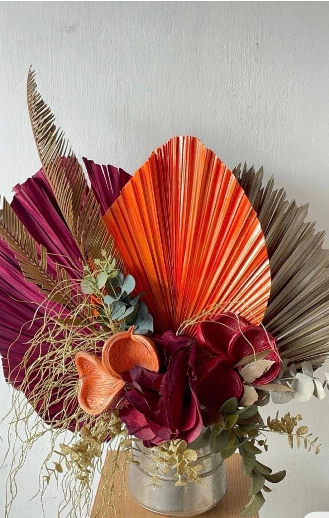 14” Burnt Orange Dried Palm Leaves Set of 3, Fall Boho Decor, Painted Palm Fronds, Autumn Wedding Centerpiece, Tropical Vase Fillers