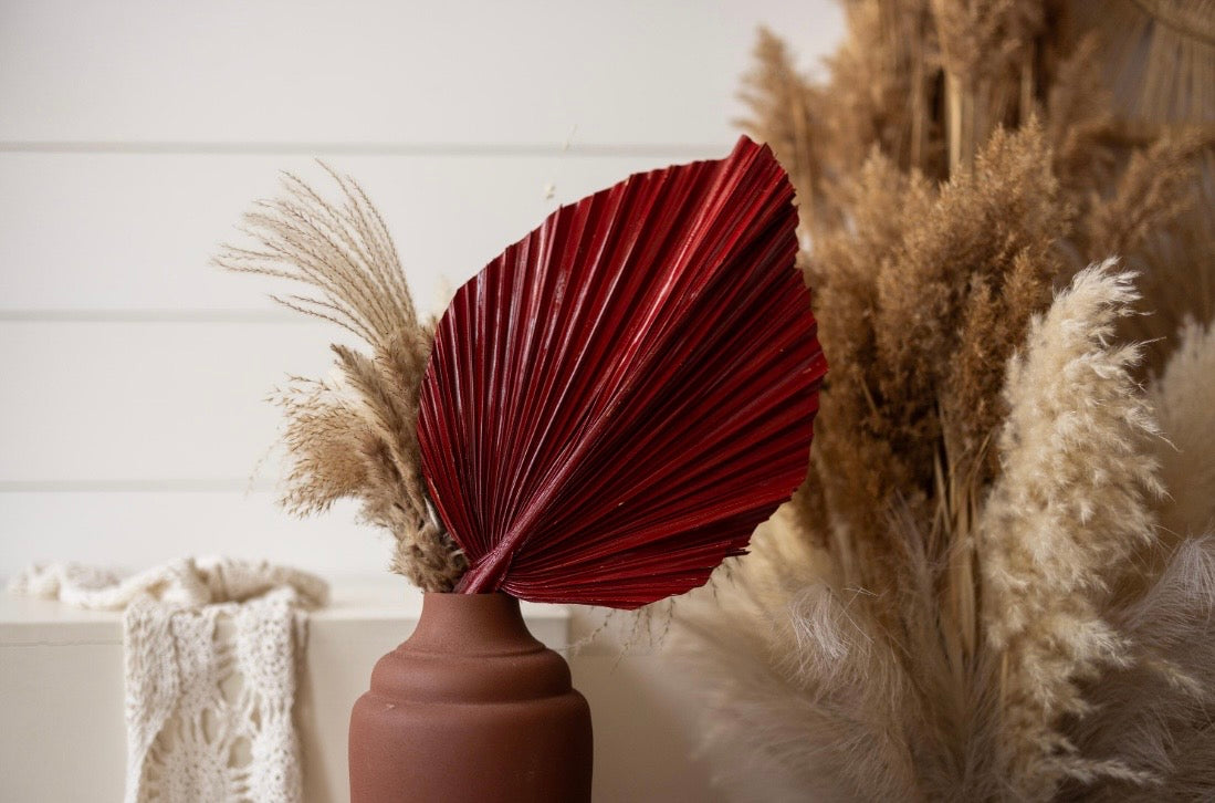NEW! Burgundy Red Hand Painted Leaves Set, 3 Piece Dried Palm Spear Frond Leaf, Nature Inspired Apartment Decor, DIY Wedding Arrangements